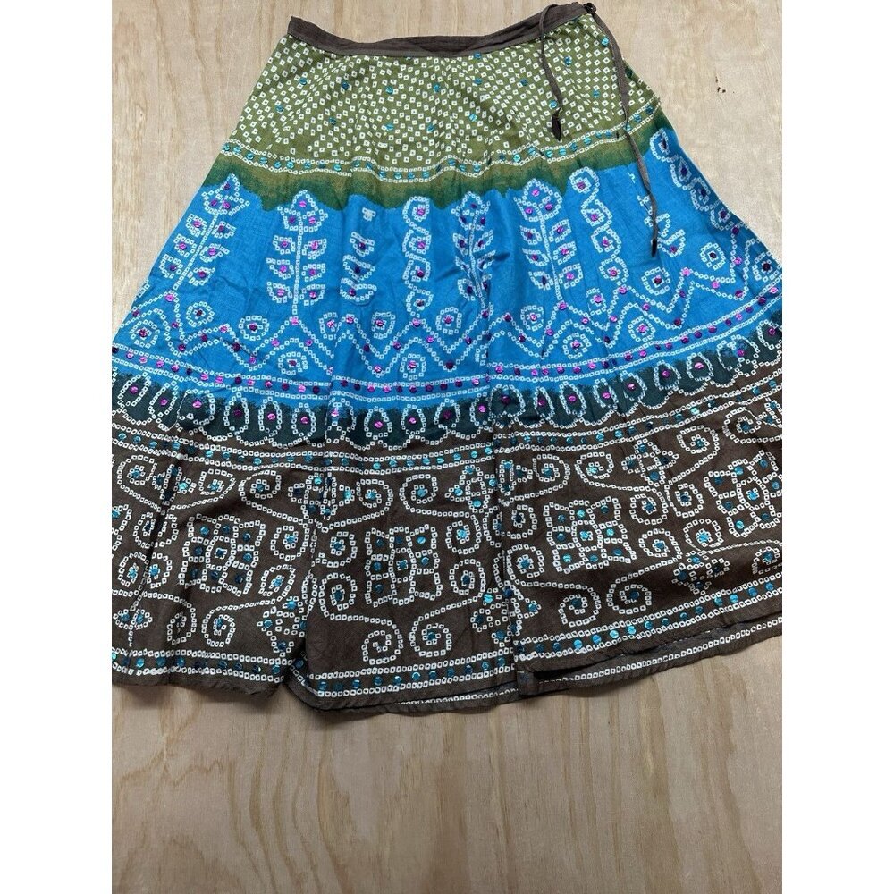 Women’s Boho Cotton Skirt‎ Colorful Side Zip Festival Embellished Drawstring